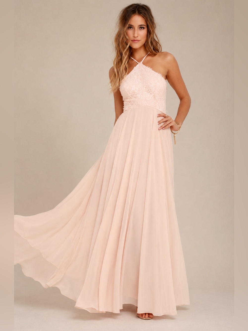 Lulus Everlasting Enchantment Light Peach Lace Halter Maxi Dress Size S